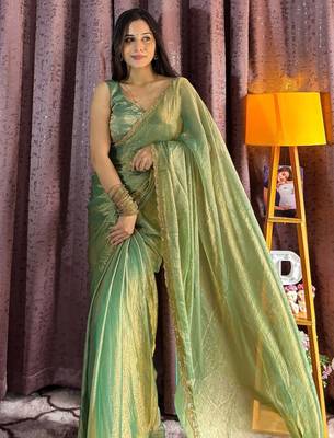 green silk blend beads work mehendi wear saree 1