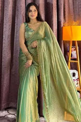 green silk blend beads work mehendi wear saree