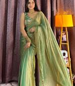 green silk blend beads work mehendi wear saree