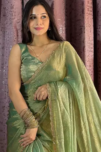 green silk blend beads work mehendi wear saree