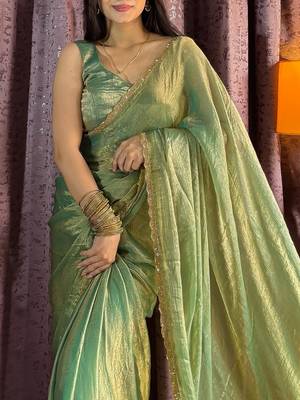 green silk blend beads work mehendi wear saree 3