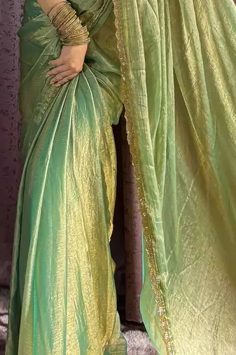 green silk blend beads work mehendi wear saree