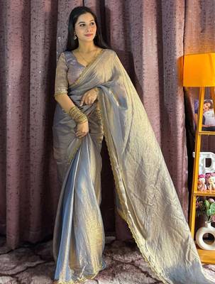 grey silk blend hand work saree with blouse 1