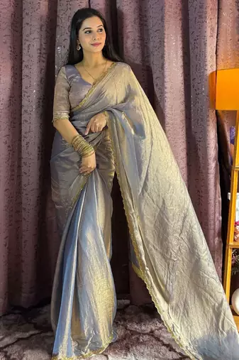 grey silk blend hand work saree with blouse