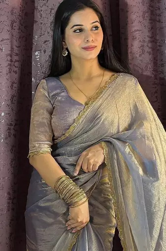 grey silk blend hand work saree with blouse