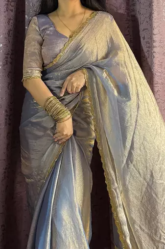 grey silk blend hand work saree with blouse