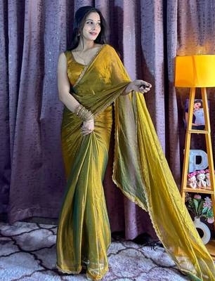 mehendi beads work silk blend saree with blouse 1