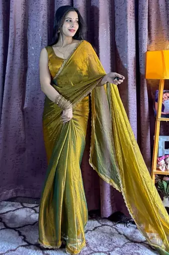 mehendi beads work silk blend saree with blouse