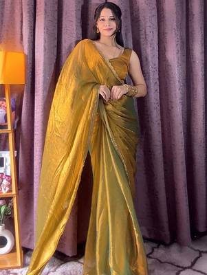 mehendi beads work silk blend saree with blouse 2