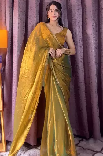 mehendi beads work silk blend saree with blouse