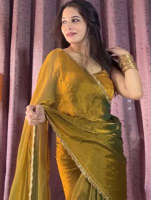 mehendi beads work silk blend saree with blouse 4