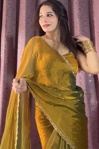 mehendi beads work silk blend saree with blouse