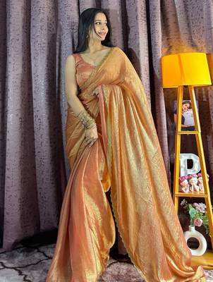 orange silk blend hand work saree with blouse 1