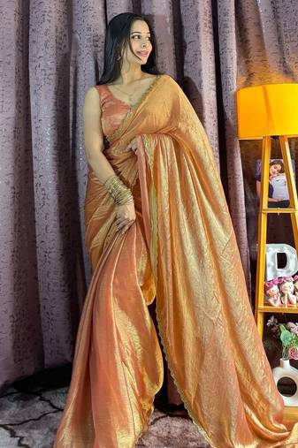 orange silk blend hand work saree with blouse