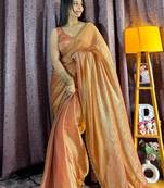 orange silk blend hand work saree with blouse