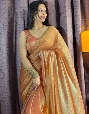 orange silk blend hand work saree with blouse 2