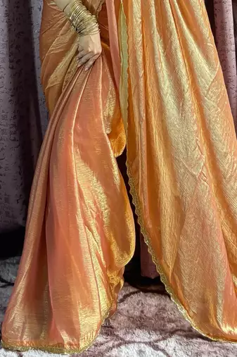 orange silk blend hand work saree with blouse