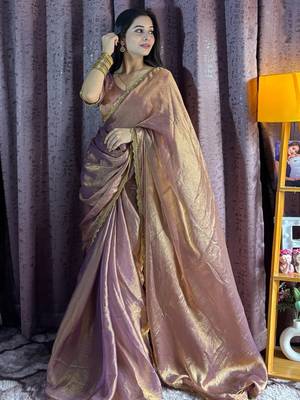 rose gold beads work silk blend saree with blouse 1