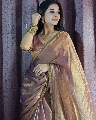 rose gold beads work silk blend saree with blouse 2
