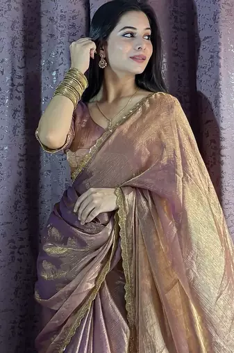 rose gold beads work silk blend saree with blouse