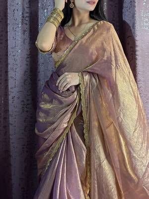 rose gold beads work silk blend saree with blouse 3