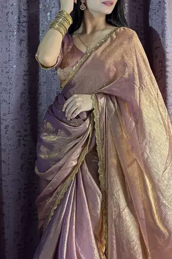 rose gold beads work silk blend saree with blouse
