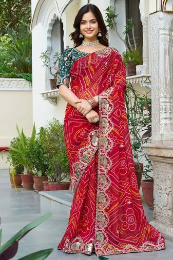 red bandhani print saree