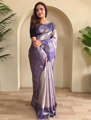 blue silk blend zari weaving saree with blouse 1