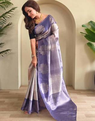 blue silk blend zari weaving saree with blouse 2