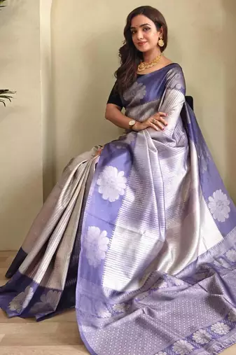 blue silk blend zari weaving saree with blouse