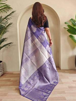 blue silk blend zari weaving saree with blouse 4