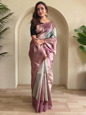 lilac zari weaving silk blend saree with blouse 1