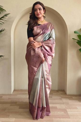 lilac zari weaving silk blend saree with blouse