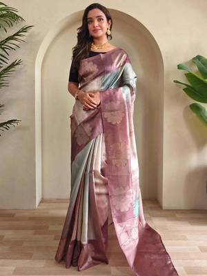 lilac zari weaving silk blend saree with blouse 2
