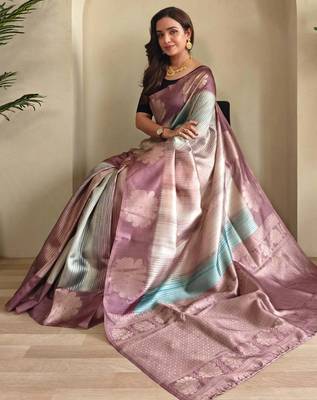 lilac zari weaving silk blend saree with blouse 4