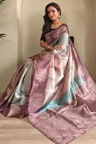 lilac zari weaving silk blend saree with blouse
