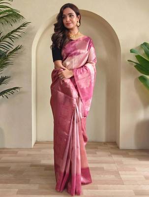 pink silk blend party wear saree with blouse 1