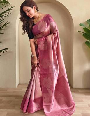pink silk blend party wear saree with blouse 2