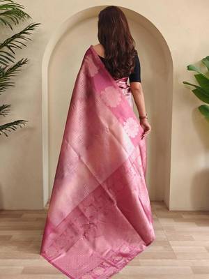 pink silk blend party wear saree with blouse 3