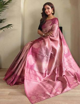 pink silk blend party wear saree with blouse 4