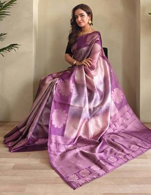 purple zari weaving saree with blouse 4