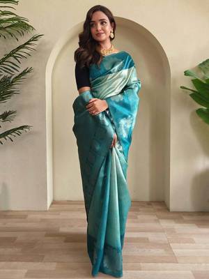 sky blue silk blend weaving saree with blouse 1