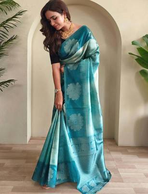 sky blue silk blend weaving saree with blouse 2