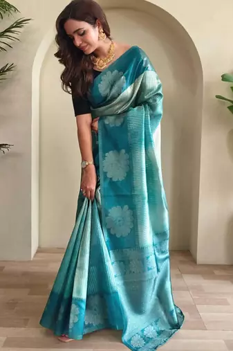 sky blue silk blend weaving saree with blouse