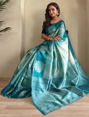 sky blue silk blend weaving saree with blouse 4