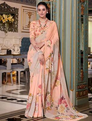 peach georgette floral printed saree with blouse 1