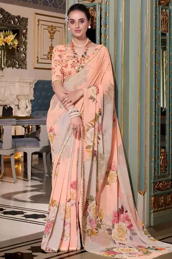 peach georgette floral printed saree with blouse