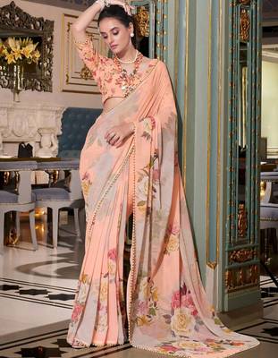 peach georgette floral printed saree with blouse 2