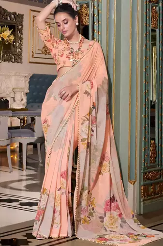 peach georgette floral printed saree with blouse