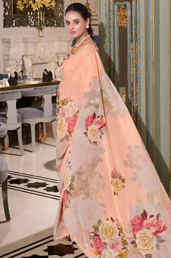 peach georgette floral printed saree with blouse